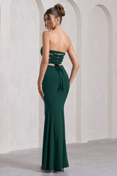 Bottle Green Bandeau Split Lace-Up Maxi Dress